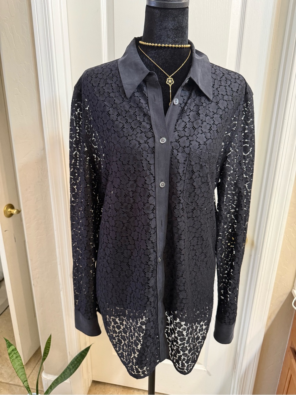 Equipment Black Lace Button-Front Blouse